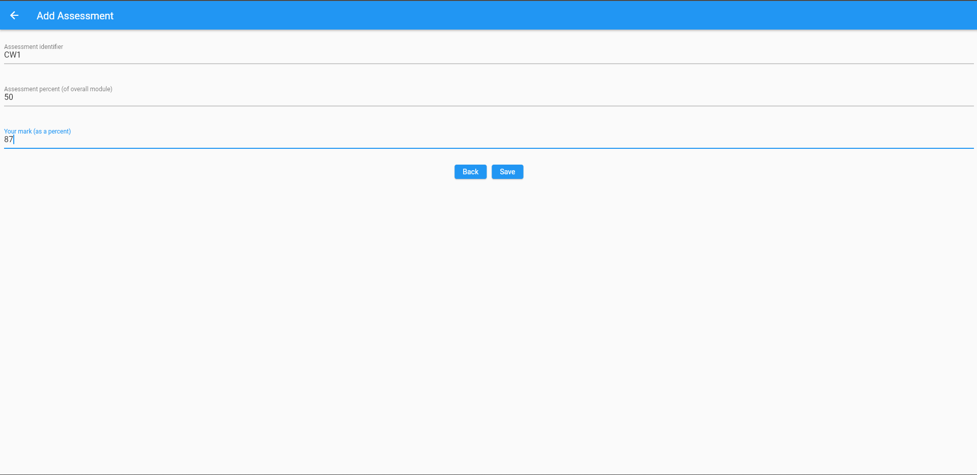 Module Grade Calculator add assessment page (web)