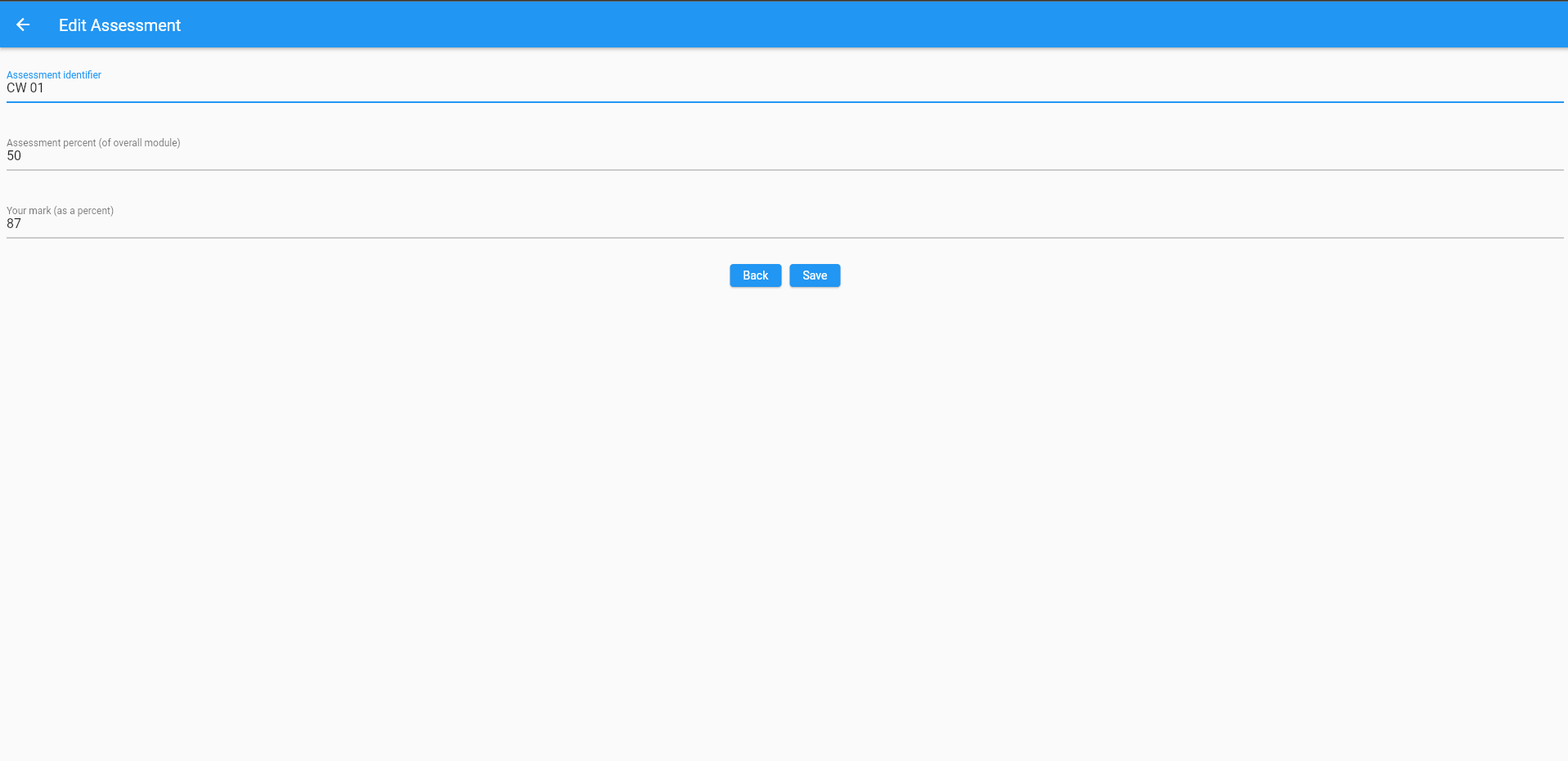 Module Grade Calculator edit assessment page (web)