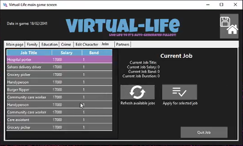 Virtual-Life Jobs page