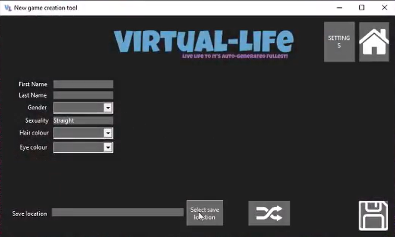 Virtual-Life New Game Creation Page
